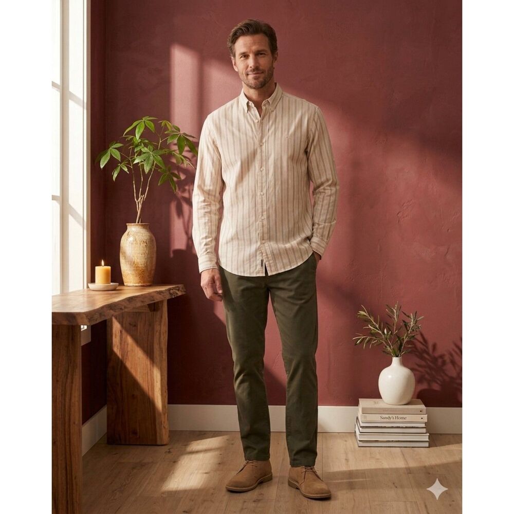 Timberland Men’s XXL Tan Stripe Button Down Shirt Cotton Outdoor Casual